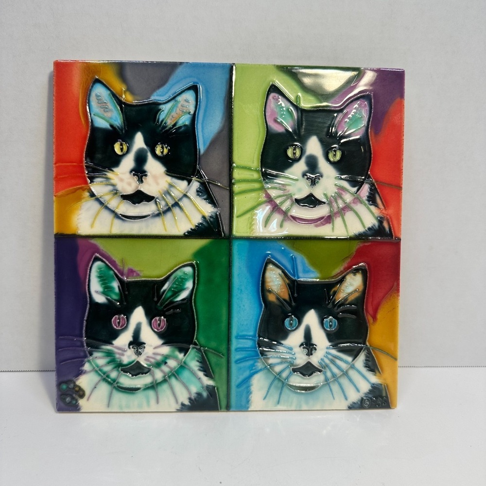 Claudia Sanchez 4 Cat 3D Ceramic Tile Signed Pop Art Wall Plaque Multicolor